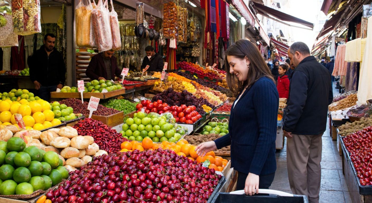 A bustling Turkish bazaar with a woman smiling as she examines fresh produce while a man nearby quickly picks up a loaf of bread, surrounded by colorful stalls of fruits, spices, and textiles.