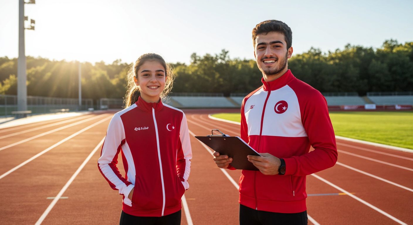 A determined young athlete in a red-and-white Turkish tracksuit stands on a sunlit running track, holding a clipboard with a confident smile, while a coach in official GSB attire nods approvingly nearby.