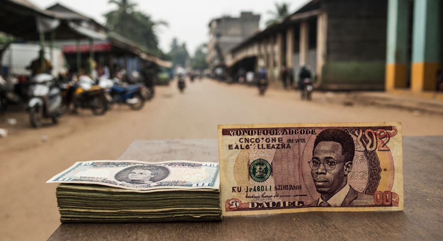 A weathered Congolese franc banknote and an older Zaire banknote lying side by side on a wooden market table, with a distant backdrop of a bustling Kinshasa street.