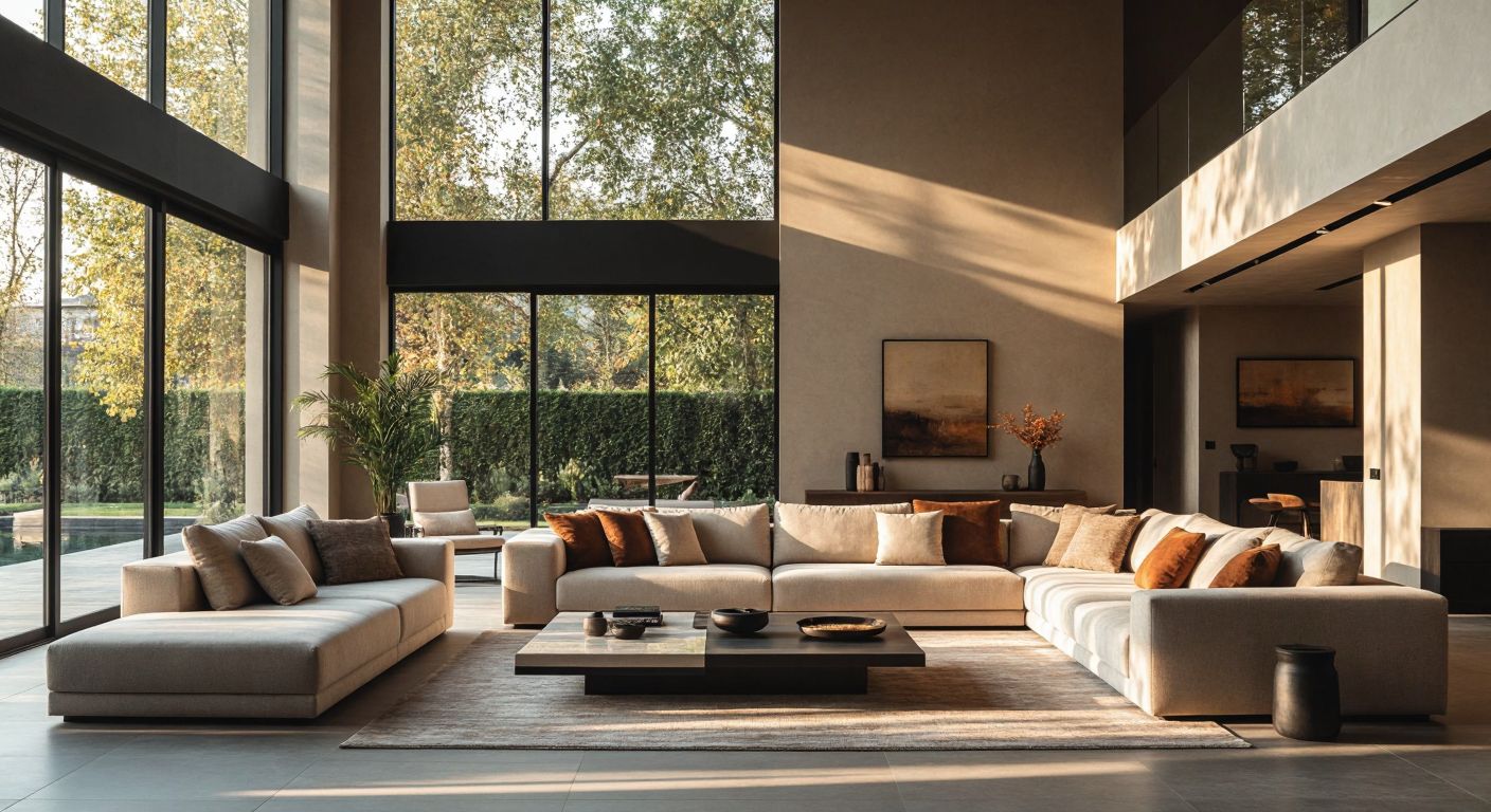 A modern Turkish living room with a sleek, high seating group in neutral tones, featuring integrated storage and a low coffee table, surrounded by plush cushions and bathed in warm sunlight from large windows.