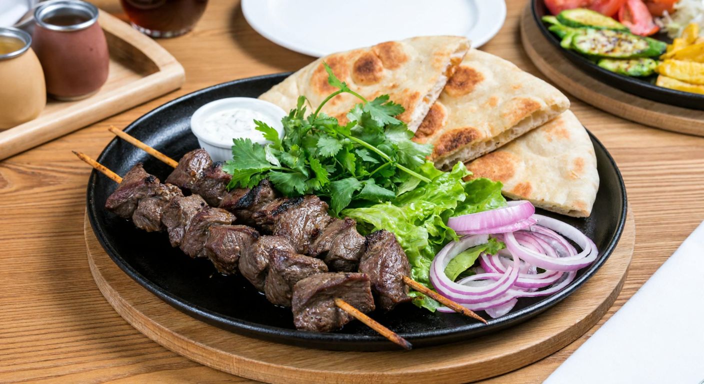A sizzling plate of tender lamb liver skewers, grilled to perfection, served alongside warm lavash bread, garnished with fresh herbs, sumac-dusted onions, and vibrant greens on a rustic wooden table in a bustling Turkish eatery.