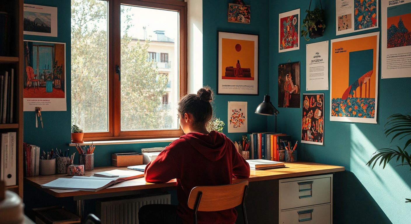 A young student in a cozy Turkish study room, surrounded by vibrant wallpaper designs featuring abstract patterns and motivational imagery, with a focused expression while sitting at a wooden desk.