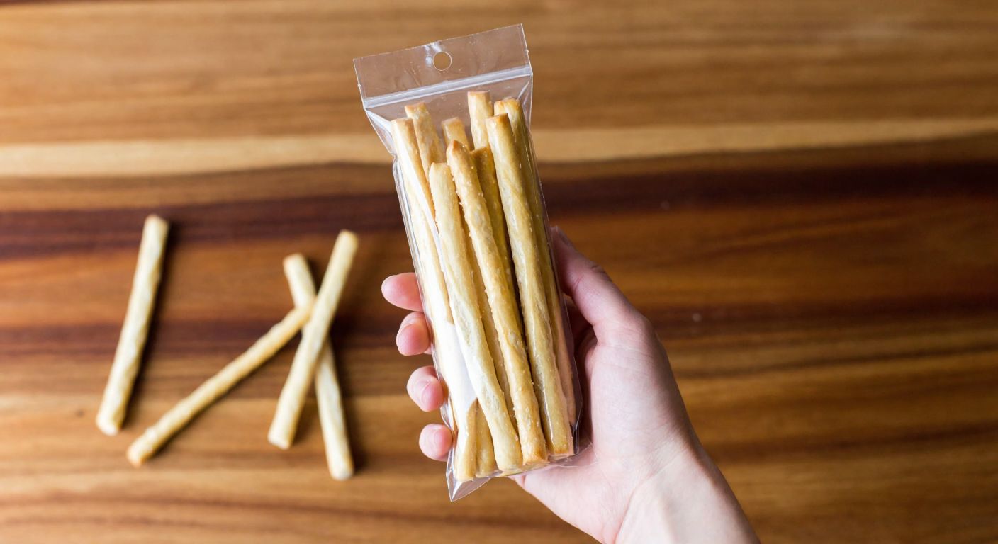 A hand holding a small, clear package filled with golden-brown grissini sticks against a warm wooden table, with a few loose sticks scattered nearby.