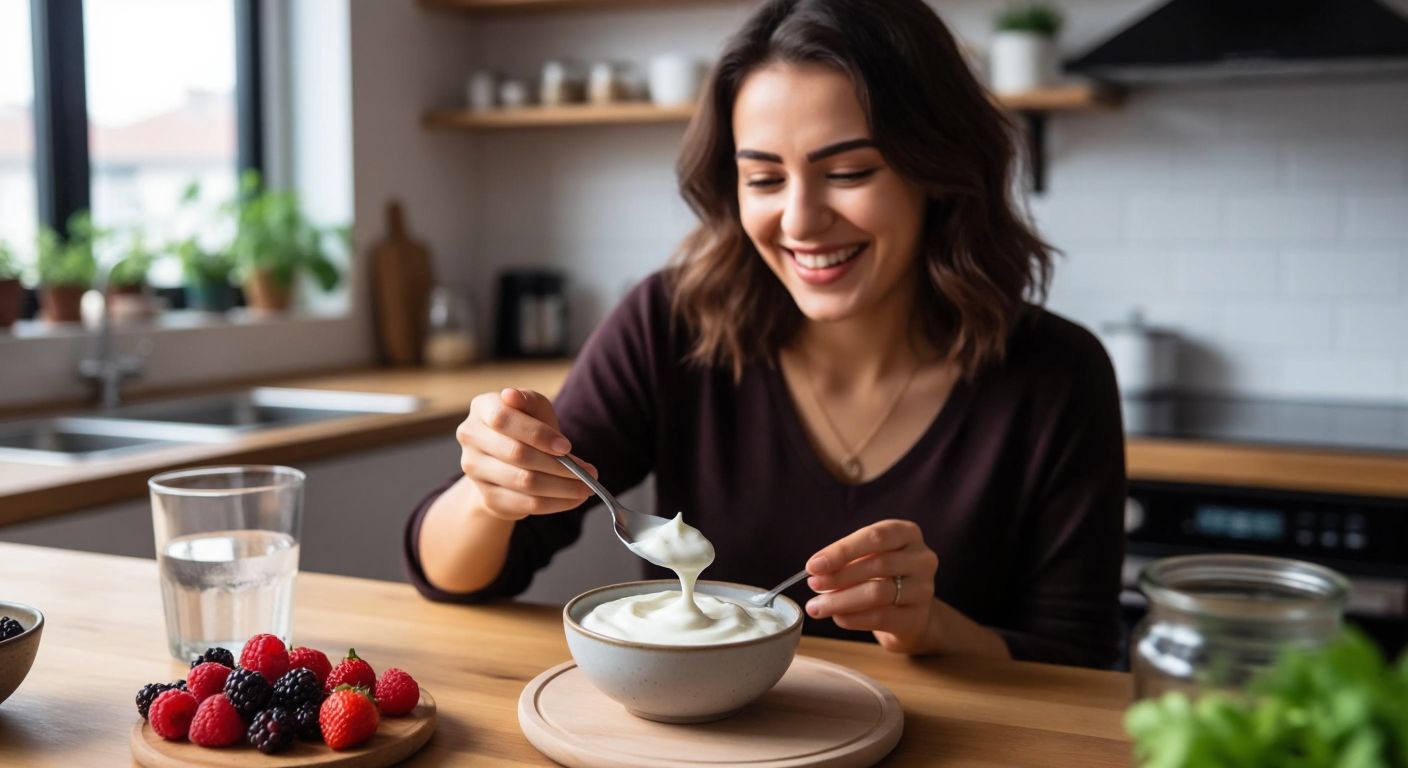 A Turkish woman in a bright kitchen smiles while scooping a spoonful of creamy, white protein yogurt from a small ceramic bowl, with fresh berries and a glass of water on a wooden table nearby.