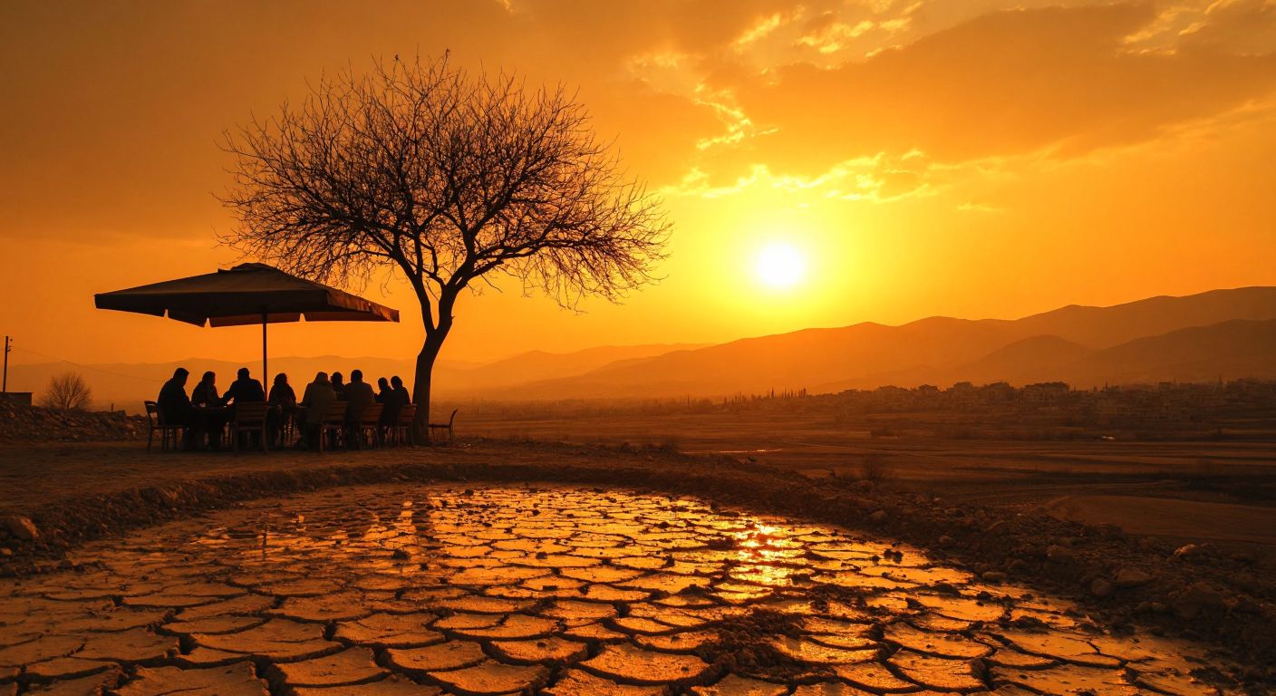 A sun-scorched landscape in Kahramanmaraş with cracked earth, a shimmering heat haze, and a lone withered tree under a blazing orange sky, while a group of people fan themselves under the shade of a café awning, sipping cold ayran.