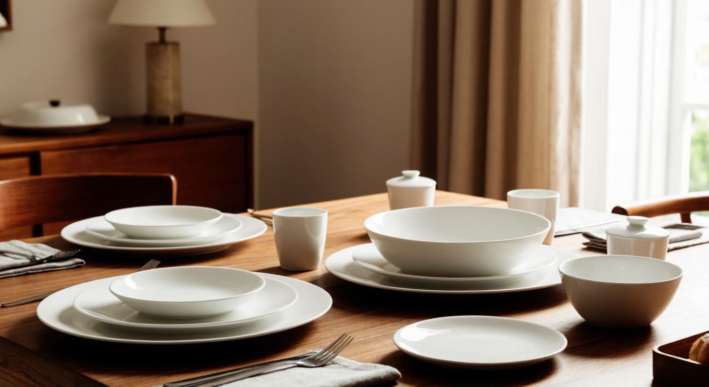 A neatly arranged set of 24 white ceramic dinner plates and bowls on a wooden dining table in a cozy Turkish home, with warm sunlight streaming through the window.