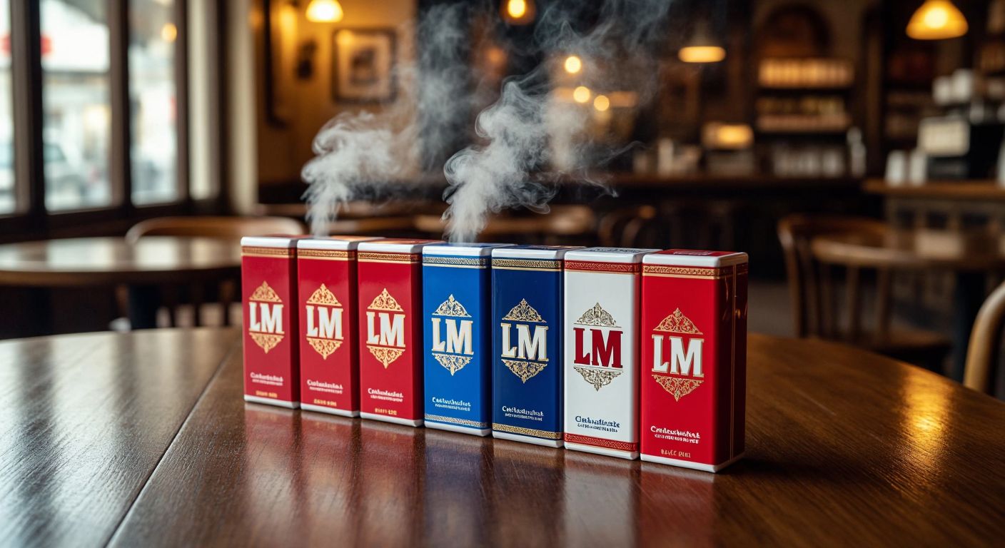 A neatly arranged row of cigarette packs with distinct designs—Marlboro's red and white, L&M's blue and white, and Chesterfield's gold and red—resting on a wooden table in a dimly lit Turkish café, with a faint wisp of smoke curling upward.