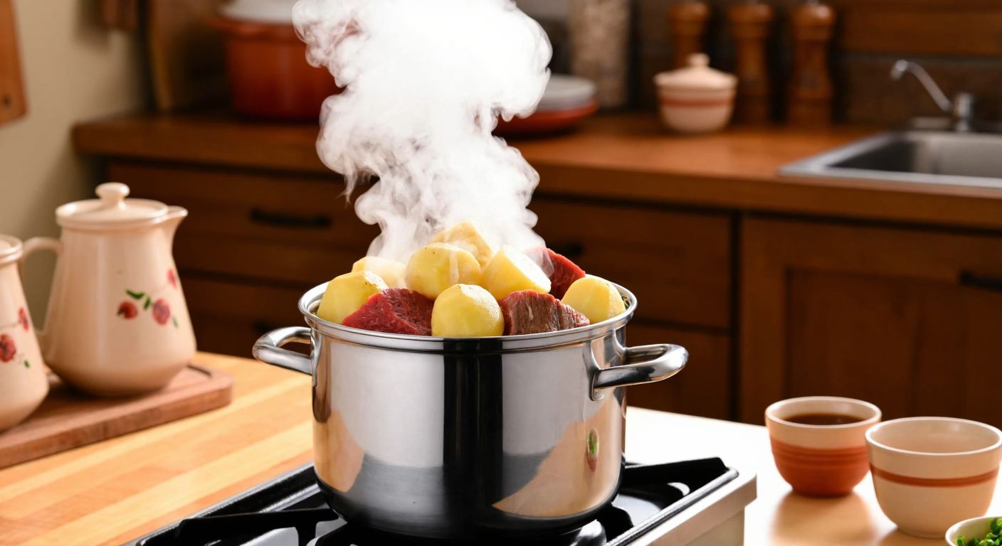 A steaming pressure cooker on a stovetop with peeled potatoes and chunks of red meat inside, surrounded by a warm, cozy Turkish kitchen with wooden cabinets and ceramic dishes.