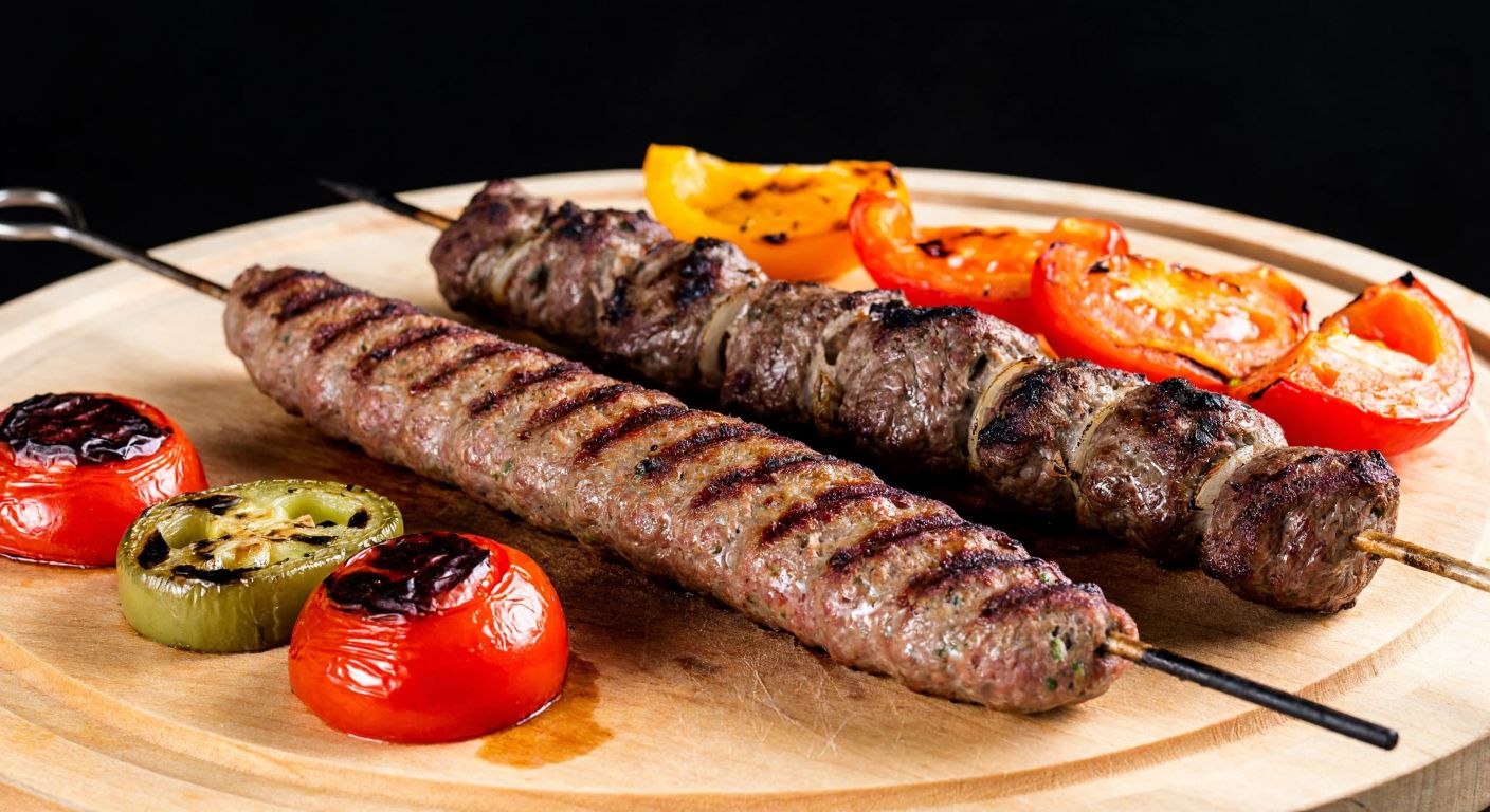 A sizzling skewer of juicy Adana kebab, freshly grilled over glowing embers, with two to three succulent meat portions arranged on a rustic wooden plate beside grilled peppers and tomatoes.