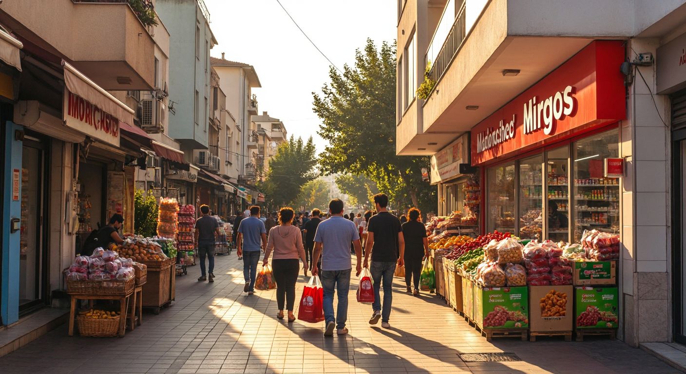 A bustling street in Karabağlar, İzmir, with a bright red-and-white Migros storefront nestled among small shops, locals carrying grocery bags, and the warm glow of afternoon sunlight reflecting off the pavement.
