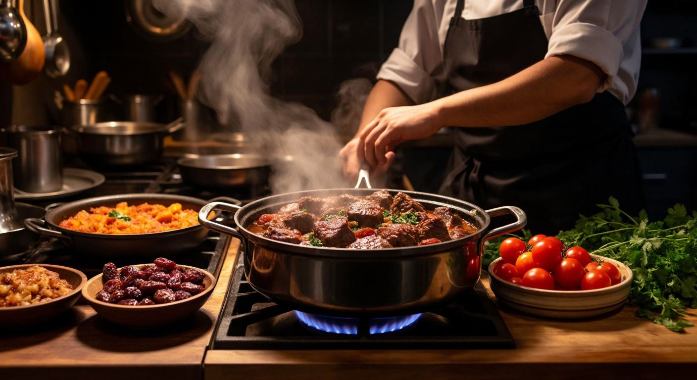 A warm Turkish kitchen with a pot of tender lamb and dried fruits simmering separately on a stove, surrounded by small diced vegetables and a chef’s hands carefully combining them before serving.