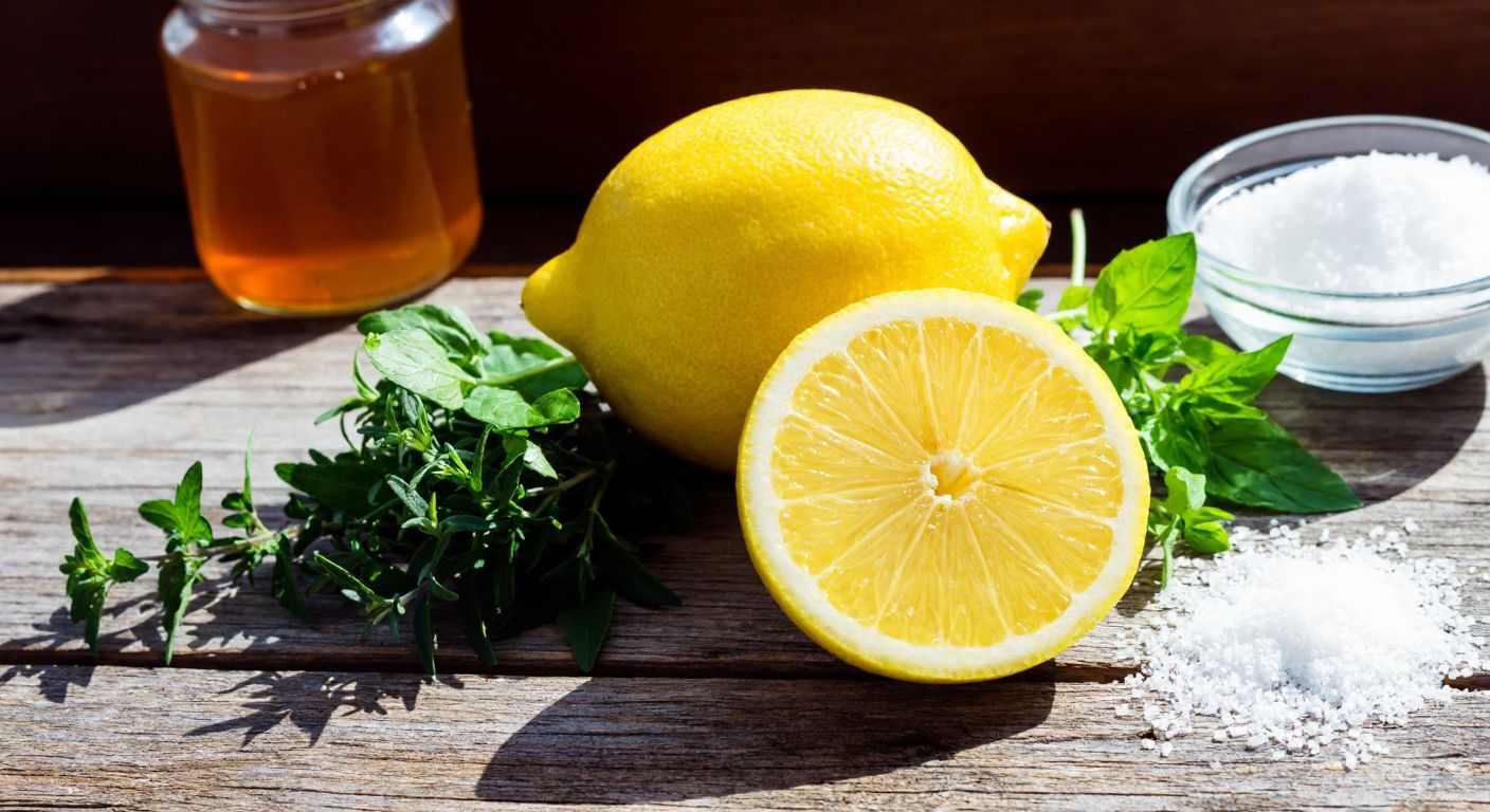 A bright yellow lemon sliced in half on a rustic wooden table, surrounded by fresh herbs, a jar of honey, and a small bowl of salt, with sunlight streaming through a nearby window.