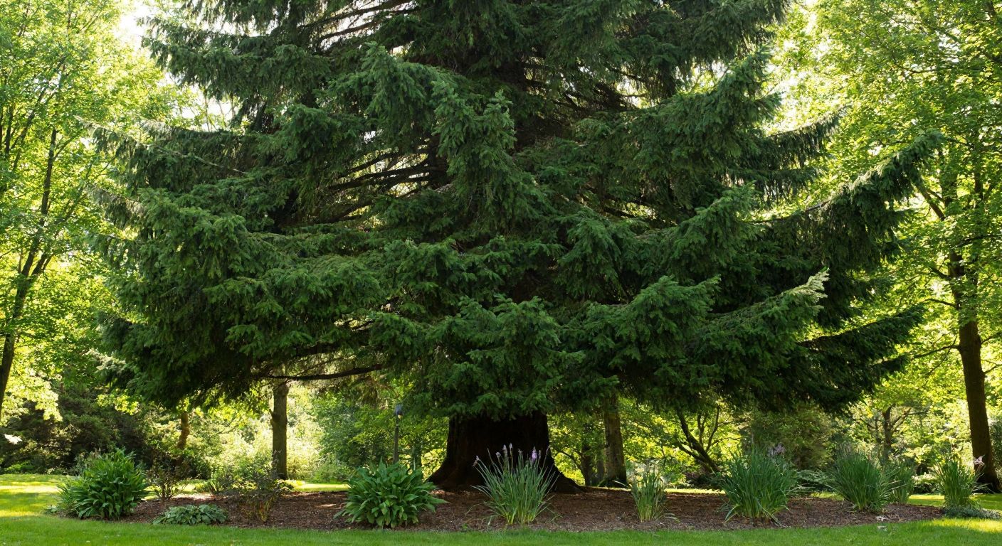 A lush, towering evergreen tree with deep green leaves stands strong in a sunlit forest, while around it, smaller seasonal plants wither and fade, symbolizing timeless content amidst fleeting trends.