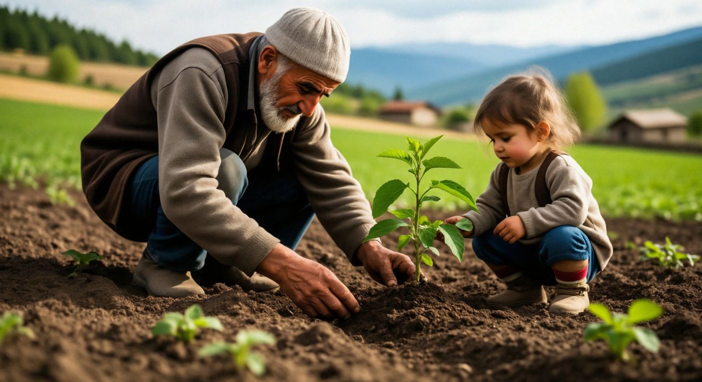 A Turkish elder farmer gently planting a sapling in fertile soil while a curious child watches closely, symbolizing intergenerational care for nature and sustainability.