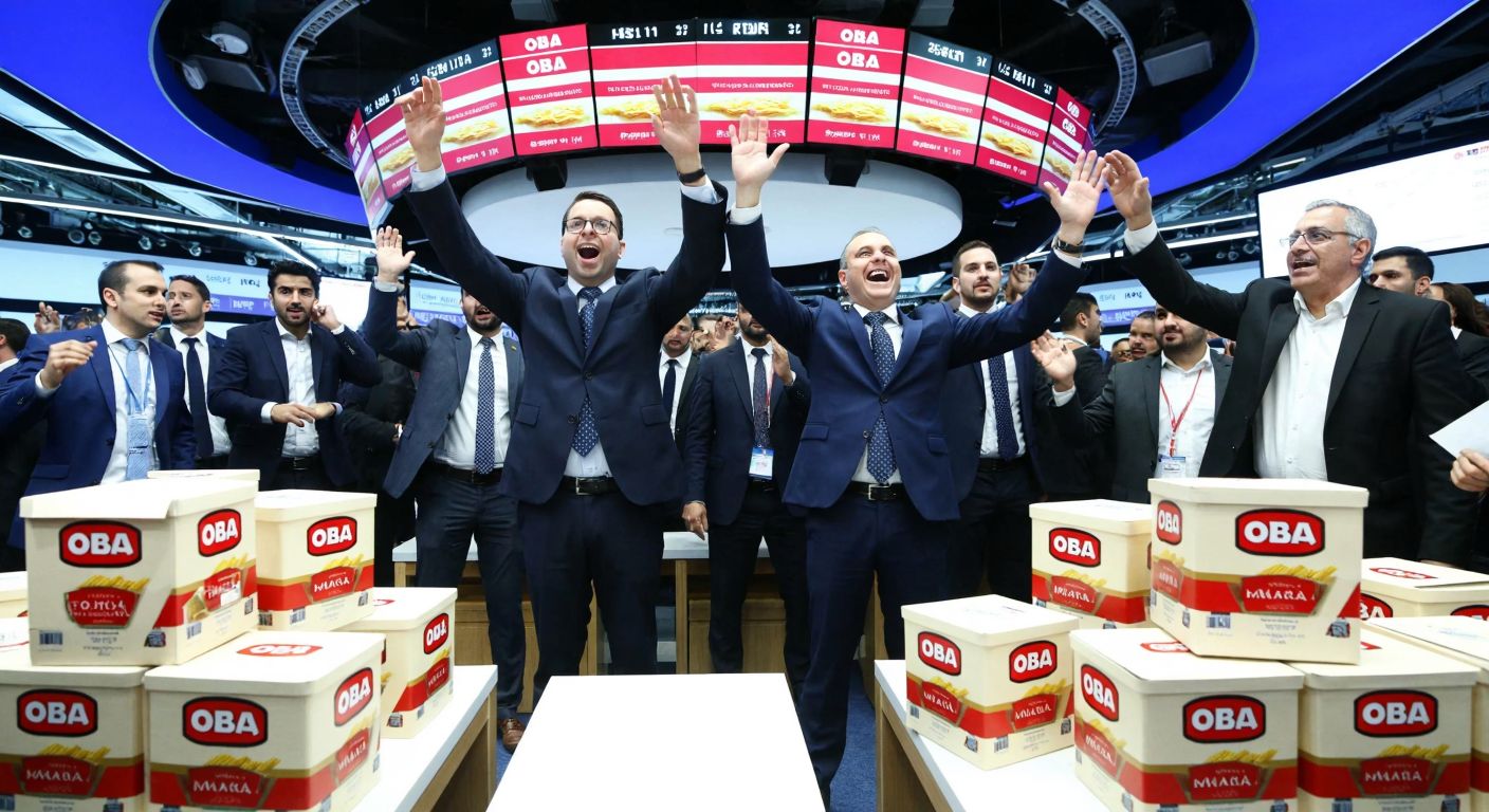 A bustling Istanbul stock exchange floor with traders in suits gesturing excitedly, framed by stacks of pasta boxes bearing the Oba Makarna logo.