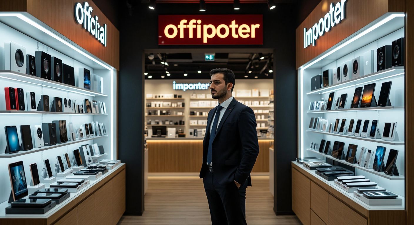 A Turkish businessman in a suit stands between two shop displays—one with neatly arranged, high-end electronics under a glowing "official" sign, and the other with slightly discounted gadgets under a smaller "importer" sign, while customers compare them thoughtfully.