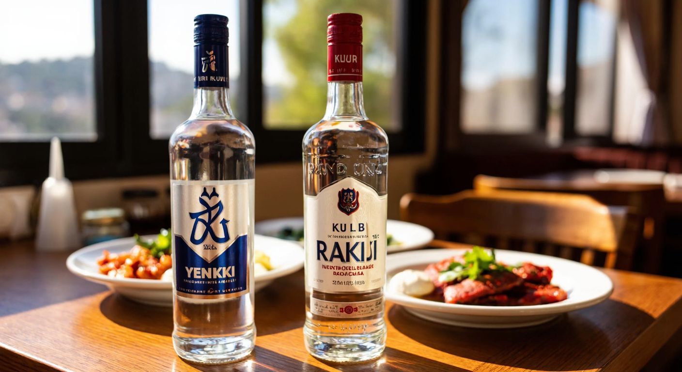 Two distinct bottles of raki—one with a sleek, modern label (Yeni Rakı) and another with a classic, vintage design (Kulüp Rakı)—placed side by side on a sunlit wooden table in a traditional Turkish meyhane, with a plate of meze in the background.