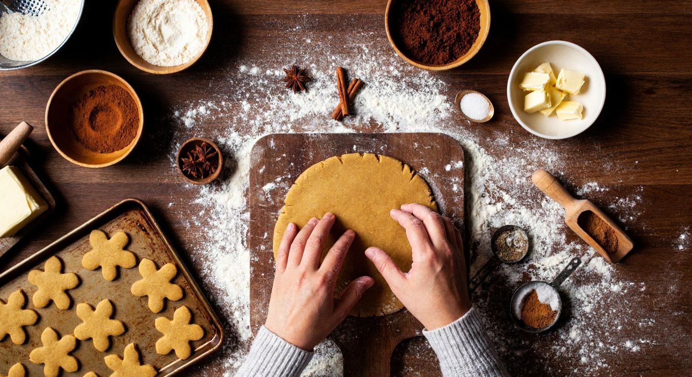 A warm Turkish kitchen with a wooden countertop, where hands dusted in flour roll out golden-brown gingerbread cookie dough, surrounded by scattered ingredients like butter, molasses, and cinnamon, with a baking tray of freshly cut gingerbread shapes ready for the oven.