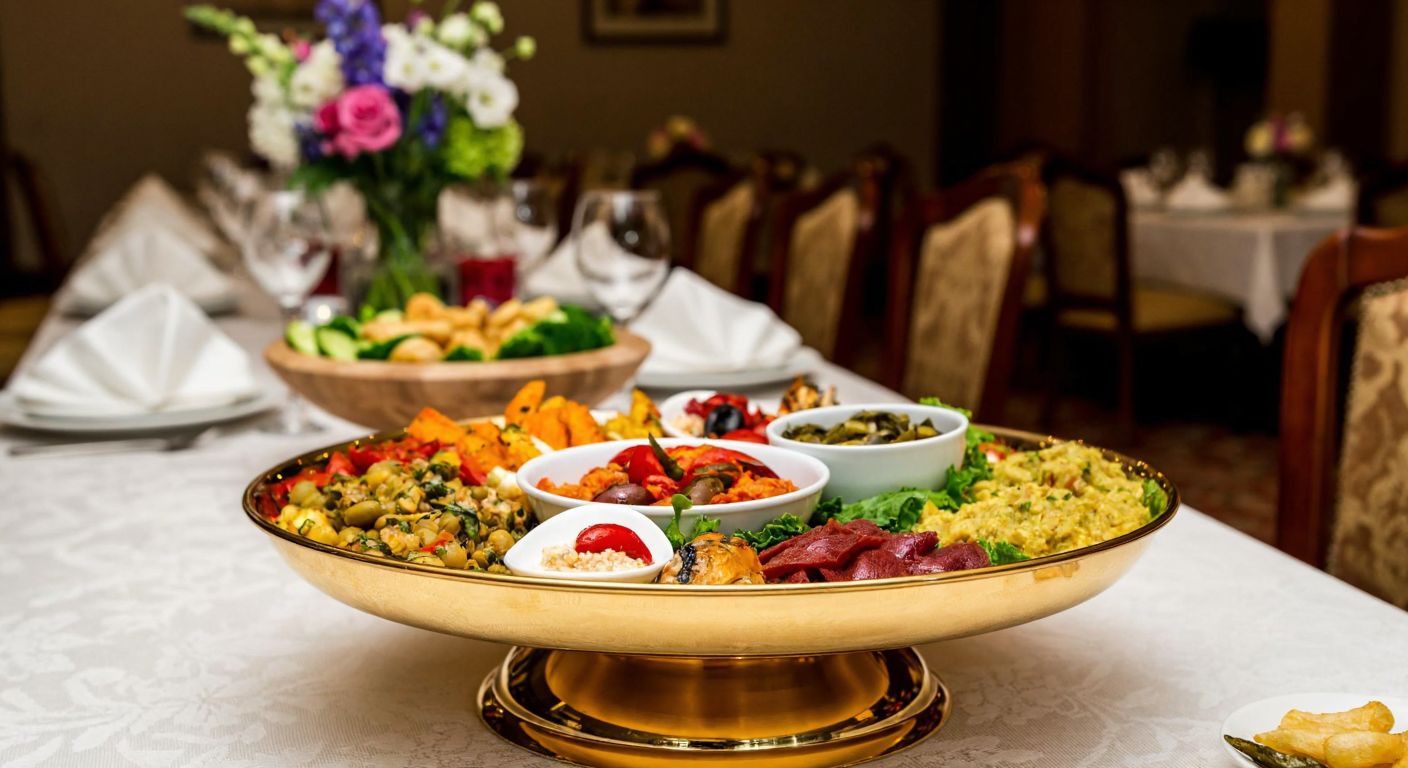 A polished gold serving plate adorned with a colorful array of Turkish meze dishes, placed on a lace-covered table in a warmly lit dining room with elegant floral arrangements.