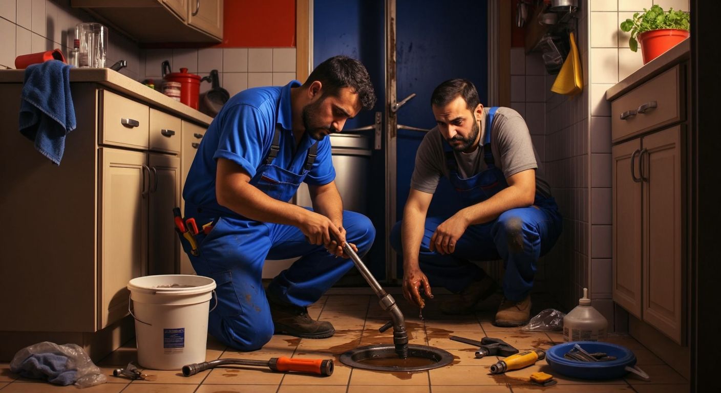 A Turkish plumber in a blue work uniform crouches under a kitchen sink, tightening a pipe wrench while a concerned homeowner watches nearby, with scattered tools and a bucket catching drips on the tiled floor.