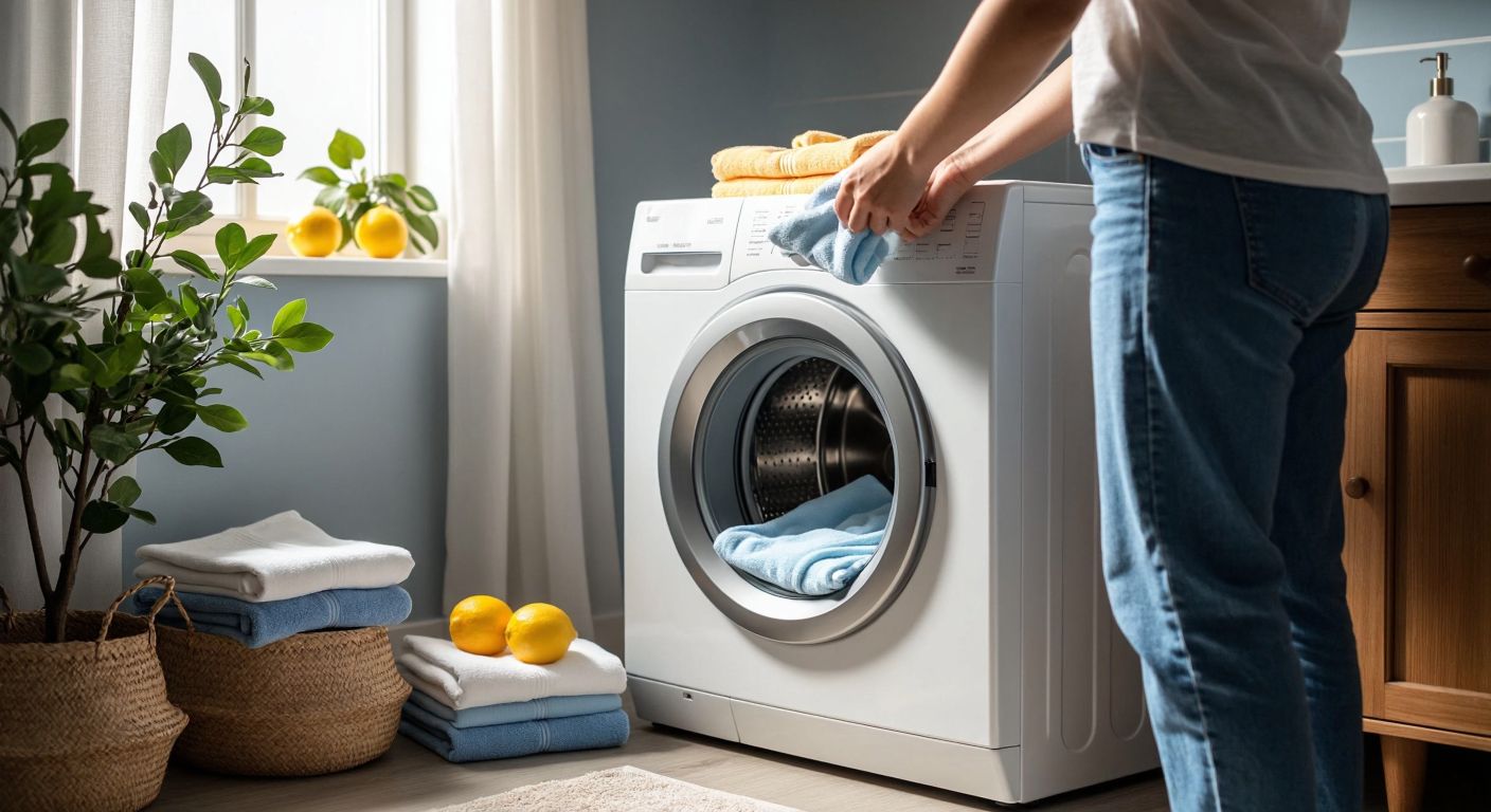 A person in a Turkish home placing a scented dryer sheet into a laundry-filled dryer drum, with neatly folded clothes nearby and a faint citrusy aroma in the air.