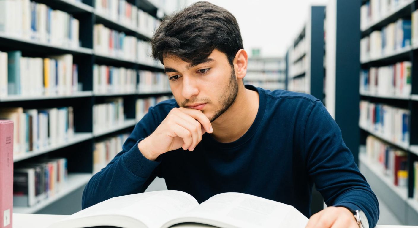 A young Turkish student in a university library, thoughtfully browsing through textbooks on computer programming, law, and healthcare, with a focused expression and a notebook open beside them.