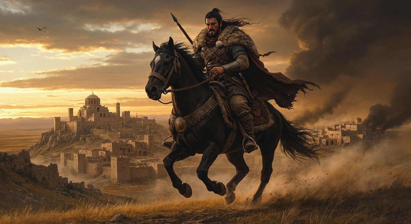 A rugged warrior in fur-lined armor, mounted on a dark horse, charges across the Anatolian steppe toward a crumbling Phrygian city, with bronze weapons glinting under a dusty sunset.