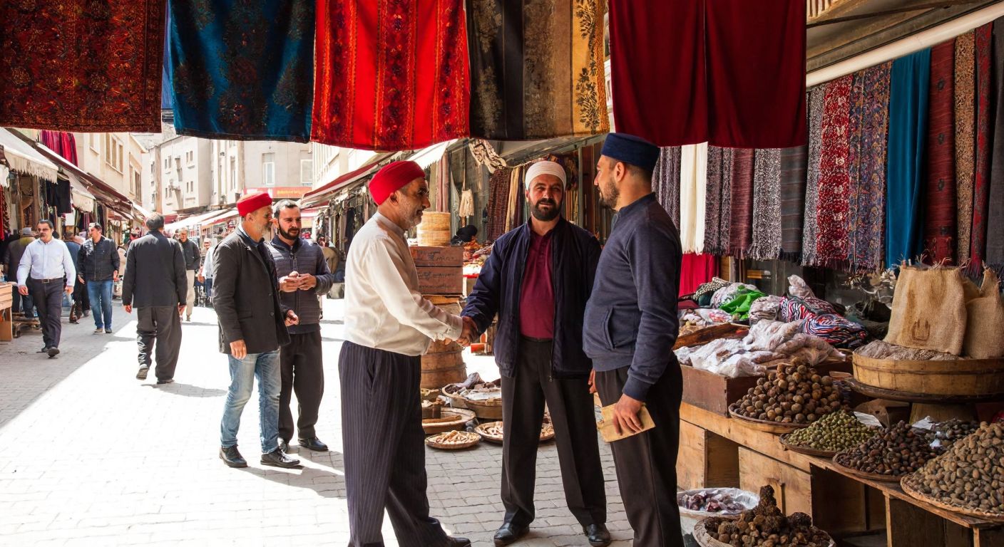 A bustling Turkish marketplace in Kilis, with merchants in traditional attire shaking hands, exchanging goods, and discussing business under a sunlit canopy of colorful fabrics.