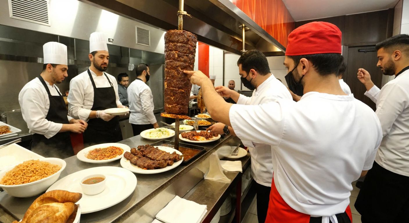 A bustling Turkish döner restaurant in Ataşehir, with chefs slicing juicy meat from a vertical spit, customers enjoying steaming plates of kebabs and rice, and no alcoholic beverages in sight.