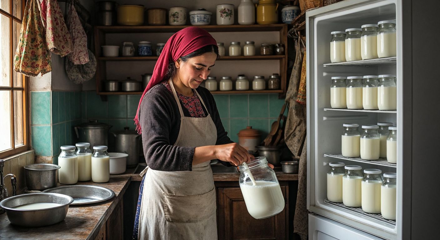 A Turkish woman in a rural kitchen carefully pours fresh milk from a metal pail into a clean glass jar, while a refrigerator hums softly nearby with shelves lined with similar jars.