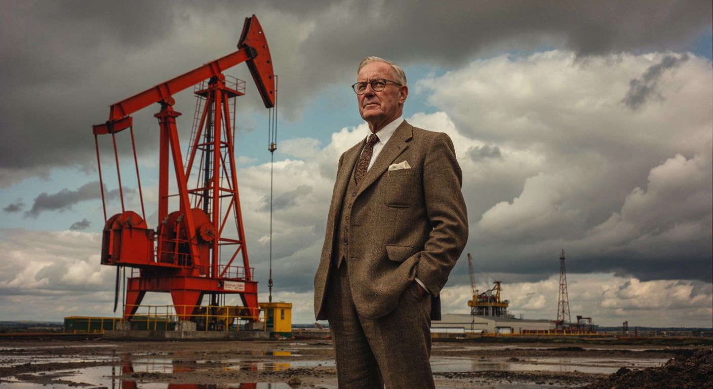 A distinguished elderly British man in a vintage suit stands proudly beside an oil derrick under a cloudy English sky, symbolizing BP's origins.