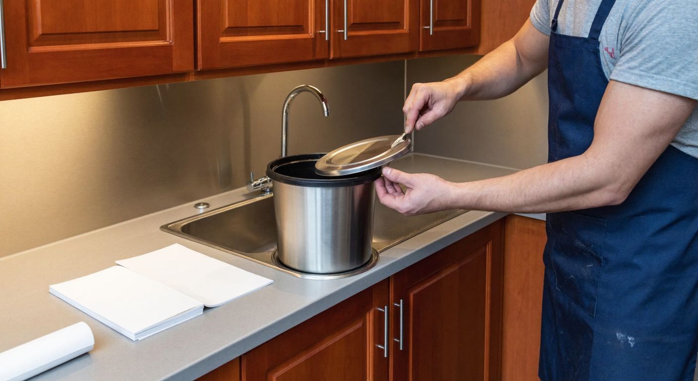 A person in a Turkish kitchen wearing an apron carefully adjusts the hinge of a stainless steel trash bin lid while holding a screwdriver, with cabinet doors open and assembly templates laid out on a counter nearby.