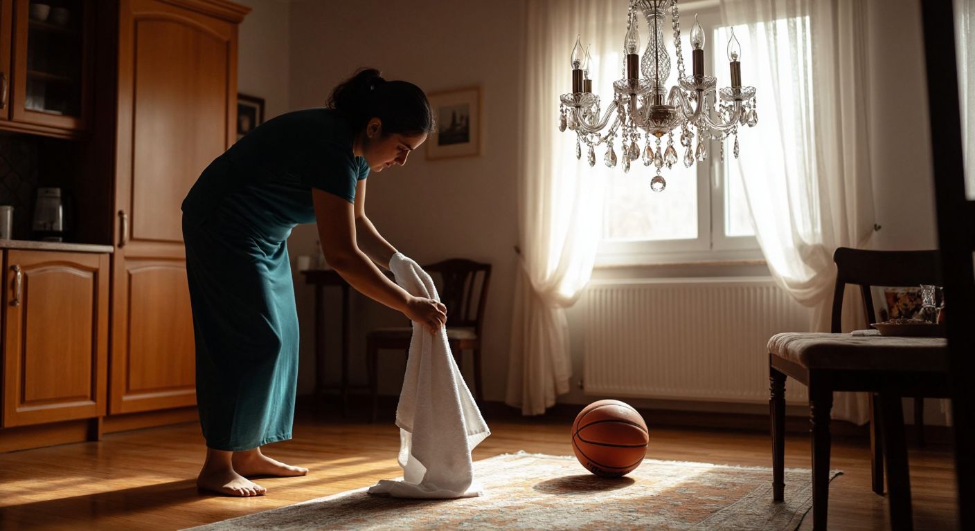 A person in a Turkish home carefully wiping a dusty crystal chandelier with a damp cloth while a basketball sits forgotten on the floor nearby.