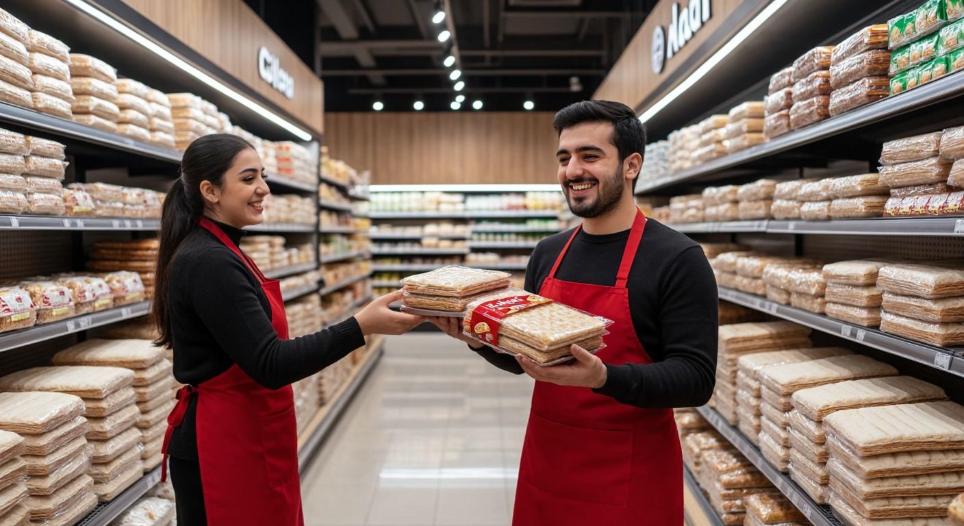 A well-lit A101 supermarket aisle in Turkey, with neatly stacked packages of lavaş bread in the bakery section, a smiling shop assistant in a red apron restocking the shelves, and a customer holding a packet of Nimet brand lavaş with a satisfied expression.