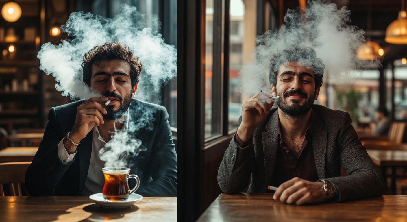 A split-image of a Turkish man grimacing while exhaling harsh smoke on one side, and another man relaxing with a faint, satisfied smile while holding a cigarette on the other, set against a dimly lit café with a steaming cup of Turkish coffee in the foreground.