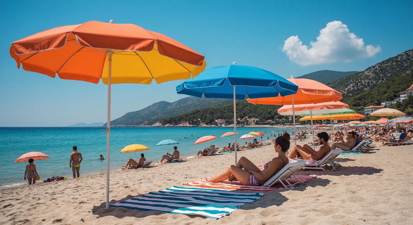 A sunny Turkish beach with colorful, sturdy umbrellas—some anchored in the sand with screw mechanisms, others with wide canopies offering shade to families lounging on striped towels.