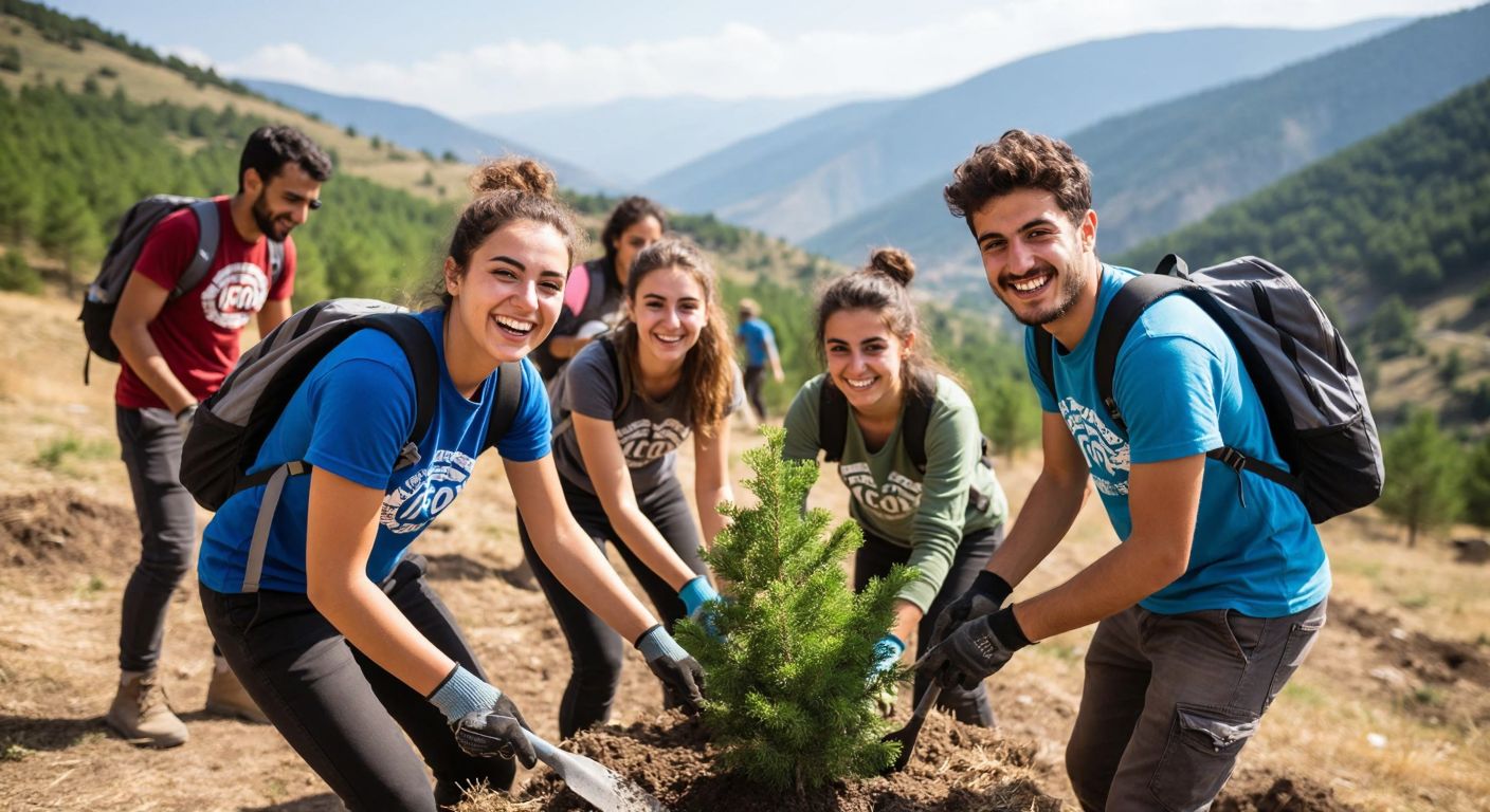 A group of enthusiastic young volunteers in casual clothing, smiling and working together in a mountainous Turkish landscape, planting trees or cleaning up nature, with the TOG logo subtly visible on their backpacks.