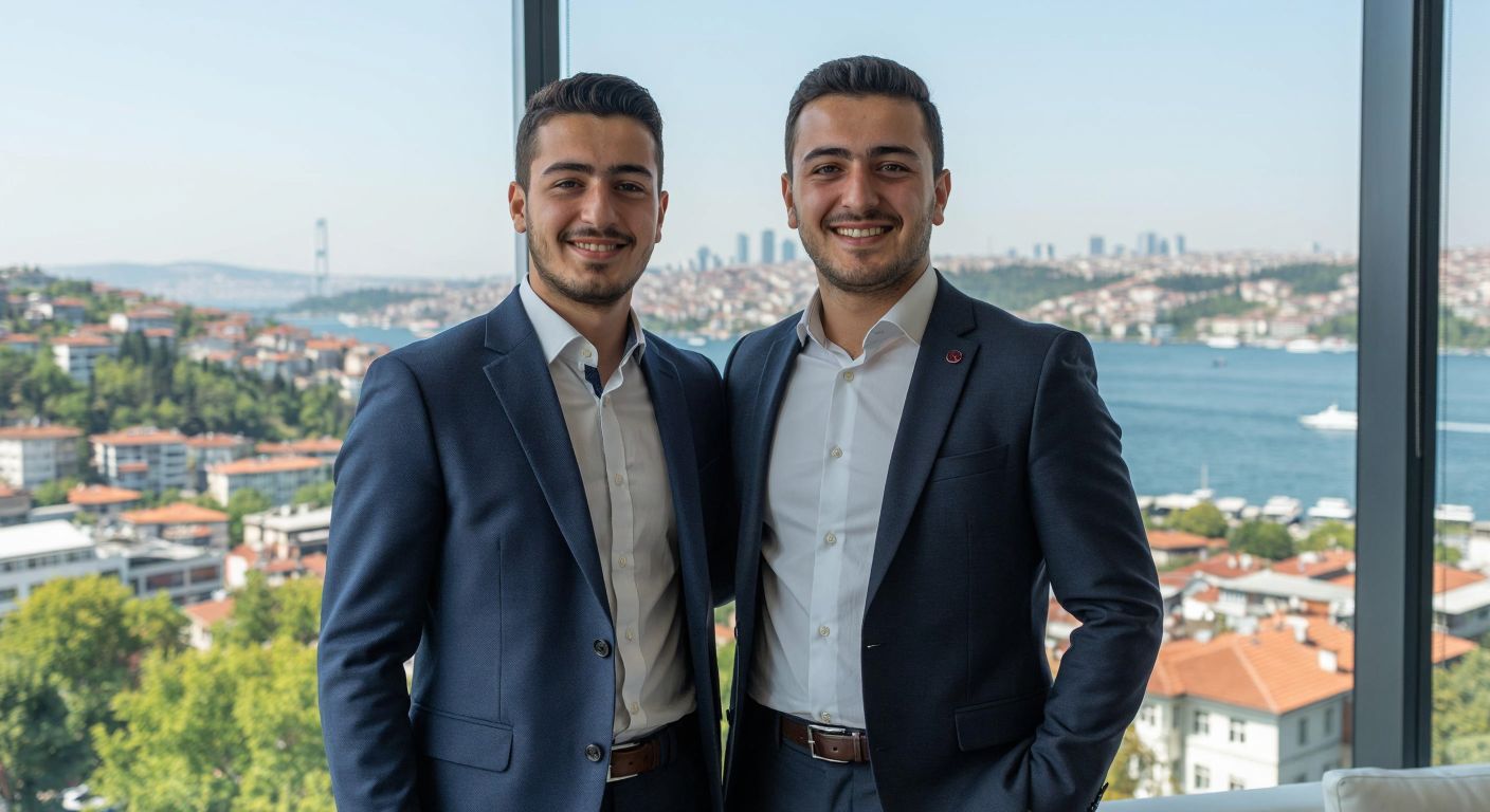 A distinguished elderly Turkish businessman in a tailored suit stands proudly beside his younger, well-dressed son, both smiling warmly against the backdrop of a luxurious Istanbul office with panoramic Bosphorus views.