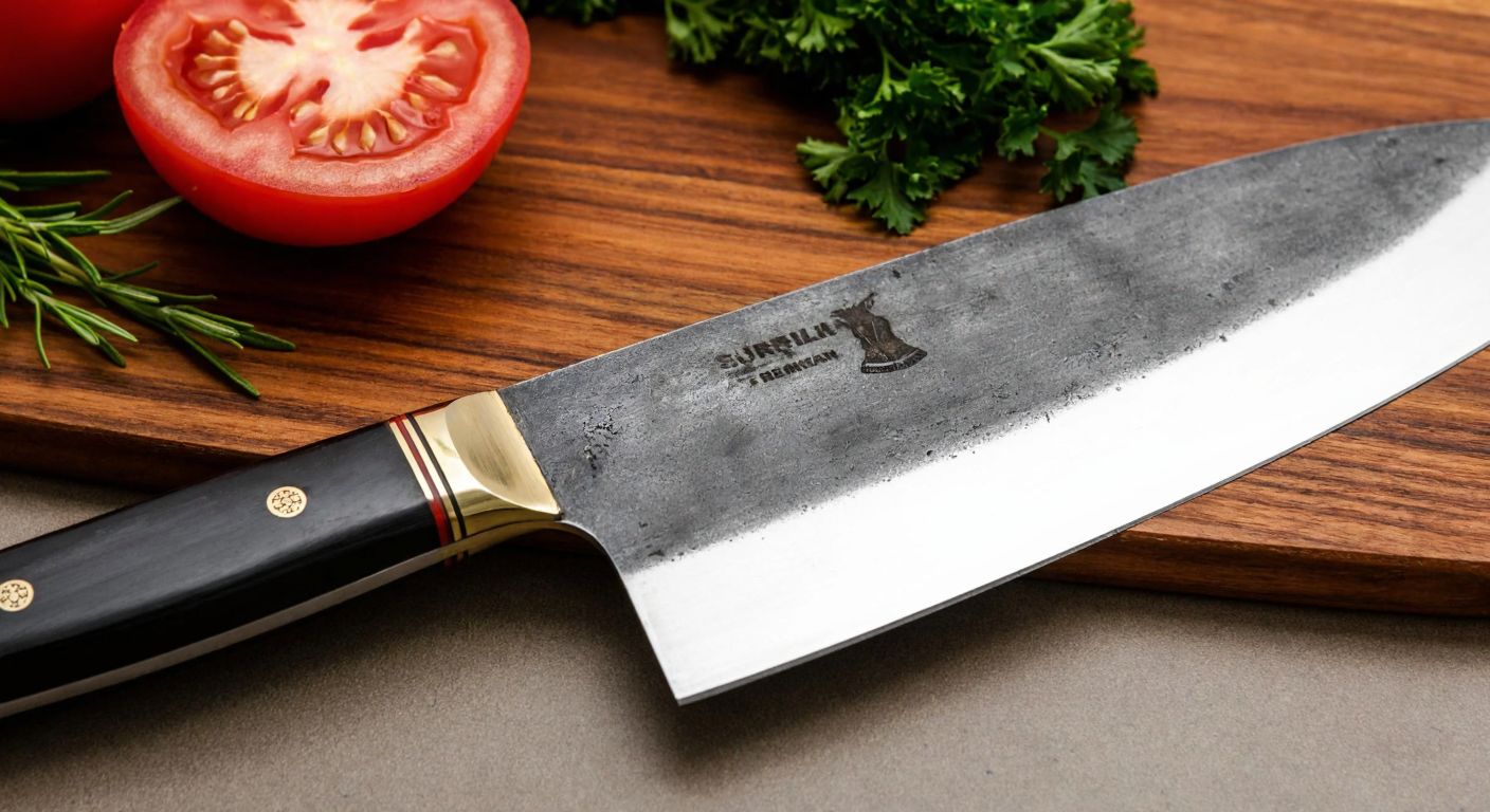 A close-up of a traditional Turkish chef's knife resting on a wooden cutting board, with the thick, dull spine of the blade highlighted against the sharp edge, surrounded by fresh herbs and a sliced tomato.