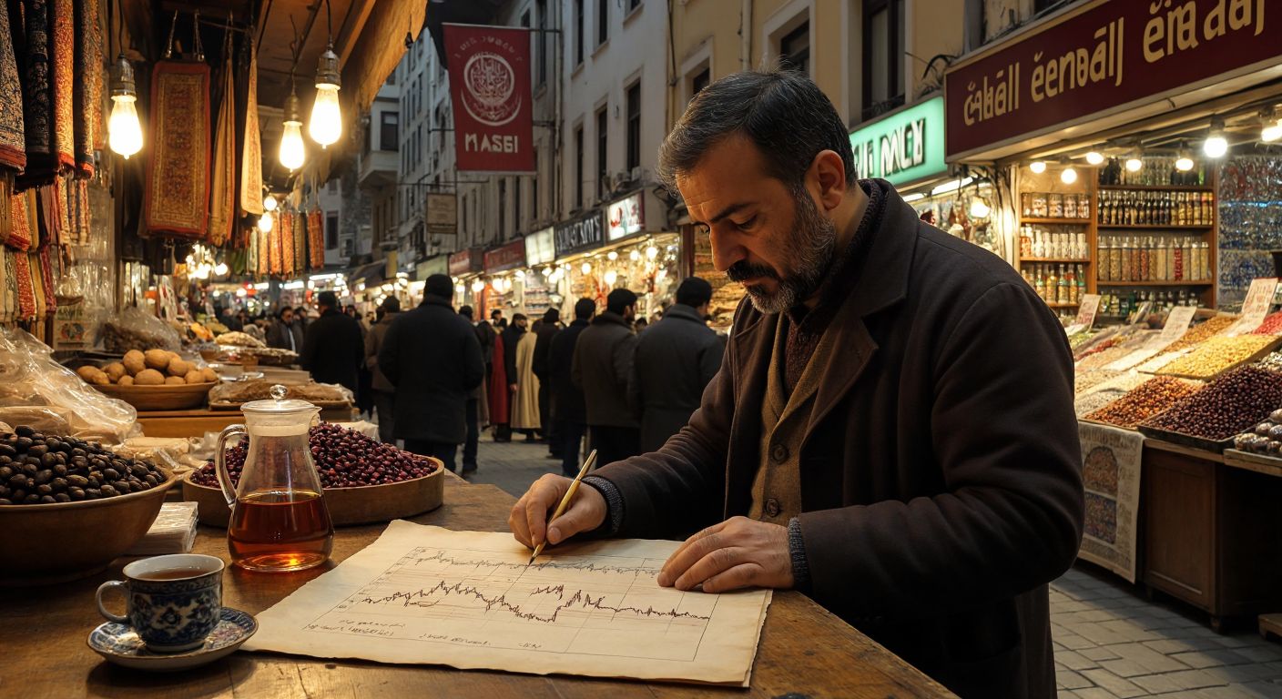 A Turkish trader in a bustling Istanbul bazaar intently studies two overlapping lines on a parchment—one smooth and steady (SMA), the other jagged and reactive (EMA)—while sipping strong çay.