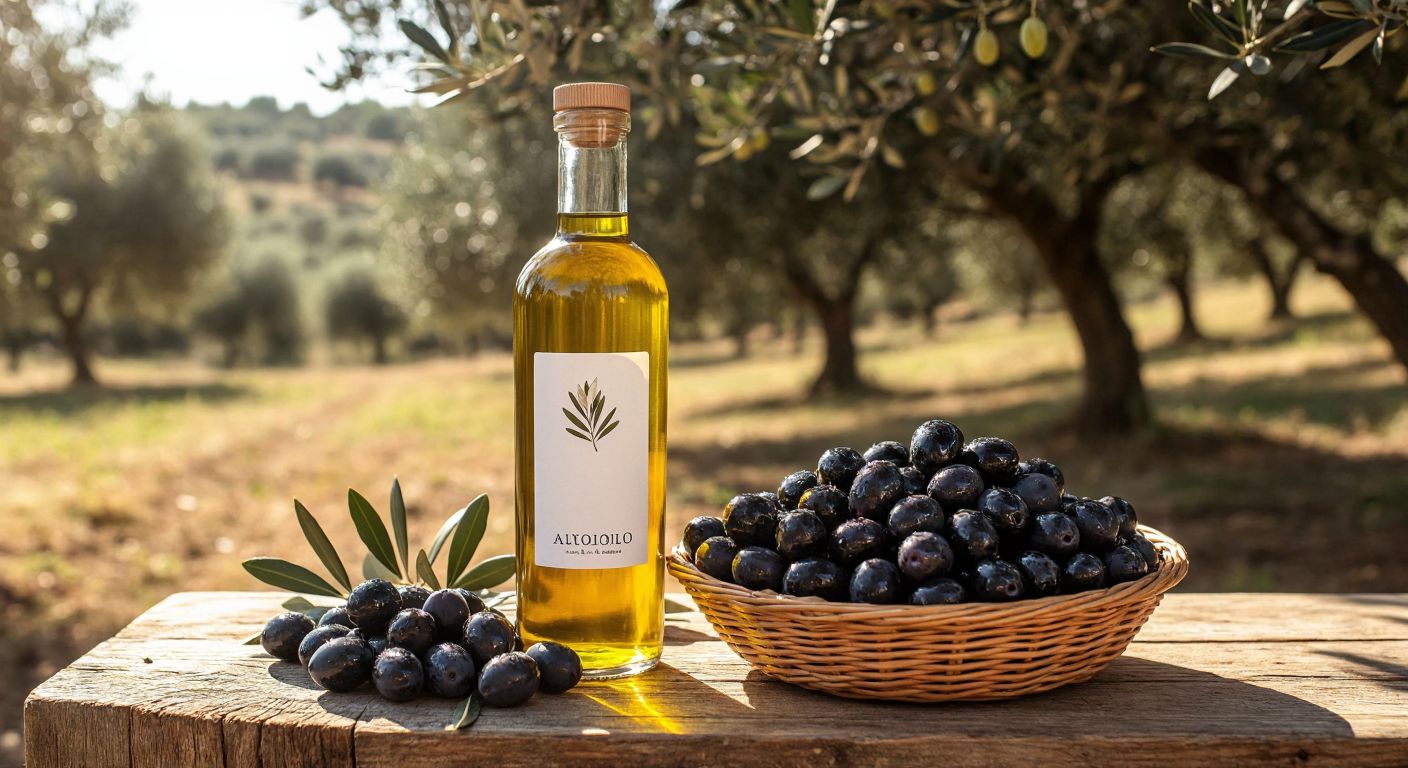 A rustic wooden table in an olive grove near Ayvalık, Turkey, displaying a glass bottle of golden olive oil with a simple label next to a basket of fresh black olives, under warm sunlight.