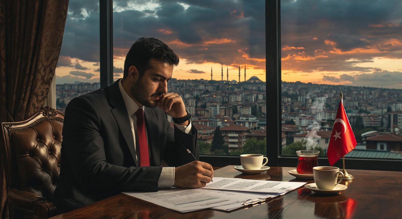 A thoughtful Turkish businessman in a suit reviews insurance documents at a wooden desk, with a warm Ankara skyline visible through the window behind him, while a small Turkish flag and a steaming cup of çay sit nearby.