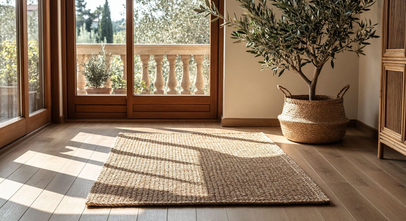 A woven jute rug lies gracefully on a sunlit wooden floor in a cozy Turkish home, flanked by a bamboo basket and a potted olive tree, symbolizing durability and care.