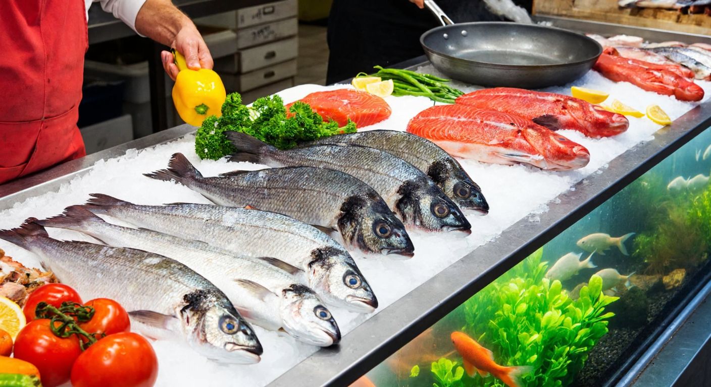 A vibrant Mediterranean fish market scene with fresh barb fish displayed on ice, surrounded by colorful vegetables and a smiling fisherman holding a frying pan, while a small aquarium nearby showcases lively barb fish swimming among aquatic plants.
