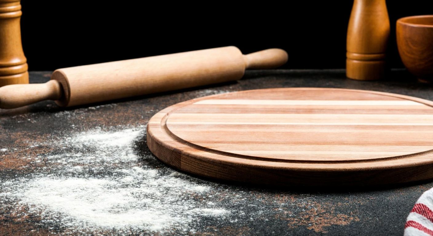 A wooden dough-rolling board placed on a rustic kitchen counter, with a rolling pin resting beside it and a dusting of flour scattered around, evoking a warm, traditional Turkish home.