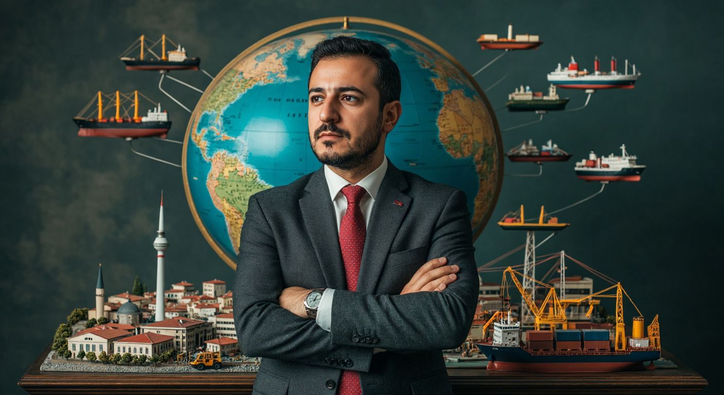 A thoughtful Turkish economist stands before a globe, one hand resting on Turkey while the other gestures toward diverse economic models represented by miniature factories, digital networks, and trade ships, his expression balanced between critique and hope.