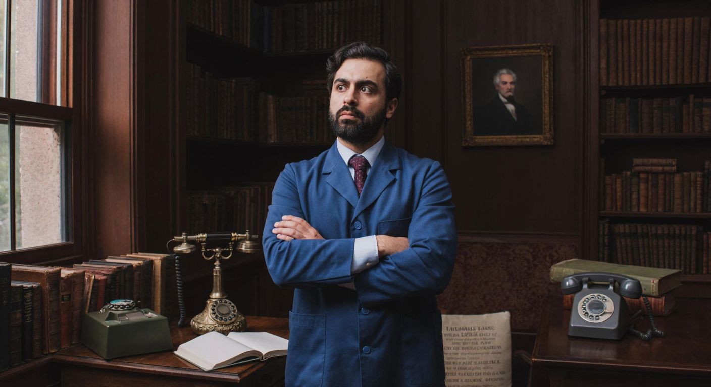 A Turkish scientist with a puzzled expression stands in a dimly lit library, surrounded by old books and a vintage telephone, while a distant portrait of Alexander Graham Bell hangs on the wall.