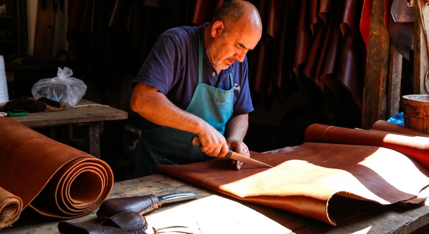 A skilled Turkish artisan carefully cuts a piece of leather with a sharp iron knife in a sunlit workshop, surrounded by rolls of leather and traditional leather goods like shoes and wallets.