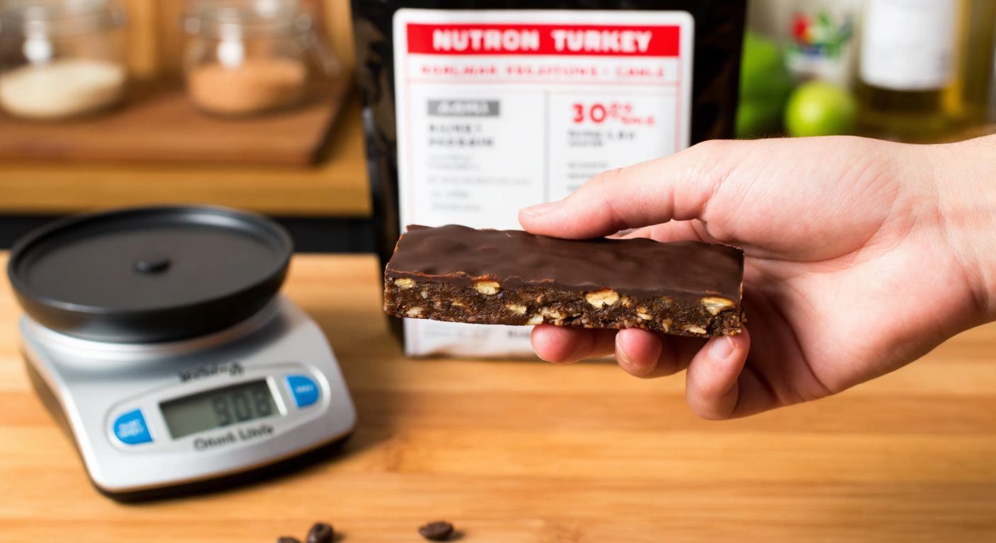 A hand holding a protein bar with a small digital scale and a nutrition label in the background, set on a wooden kitchen counter in Turkey.