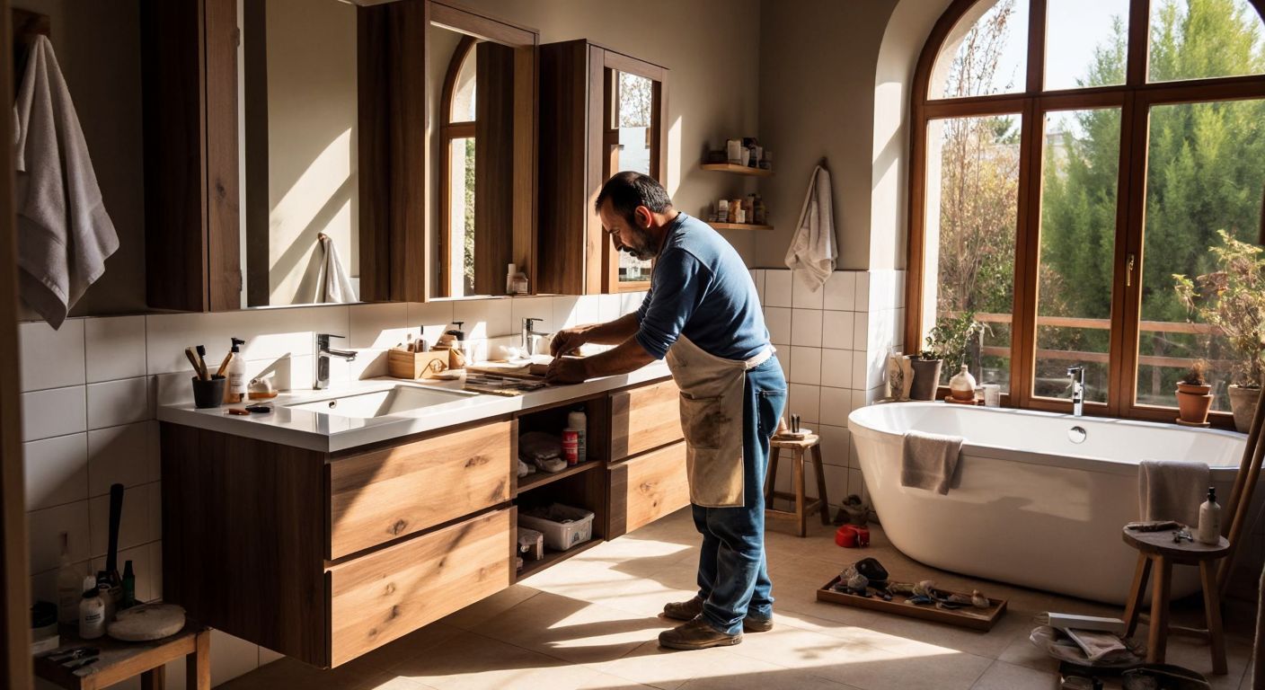 A Turkish craftsman carefully measures and assembles a sleek wooden bathroom cabinet in a sunlit, tiled bathroom, surrounded by tools and materials.